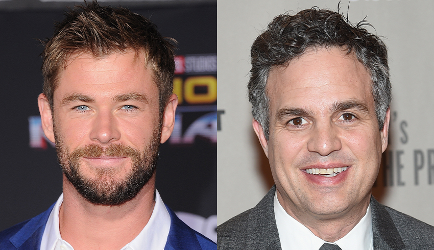 Celebrities Chris Hemsworth and Mark Ruffalo shown beside an "Avengers Affinity" movie poster
